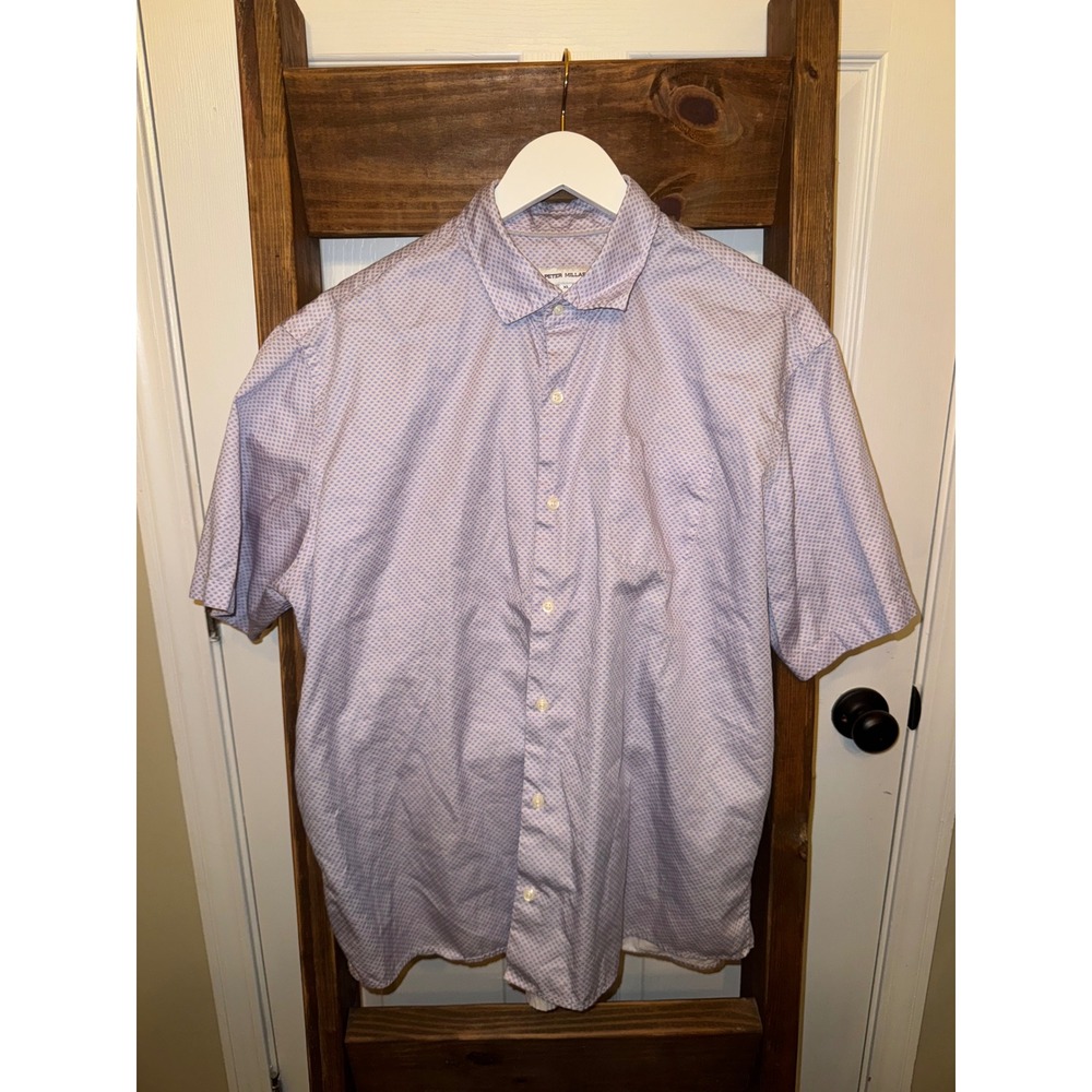 Peter Millar Mens XL Short Sleeve Button Down Shirt Blue Geo Pattern